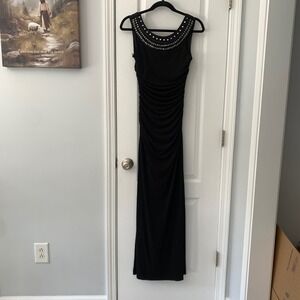 Lipsy London Black Ruched Embellished Neckline Maxi Dress JD02534 US 6